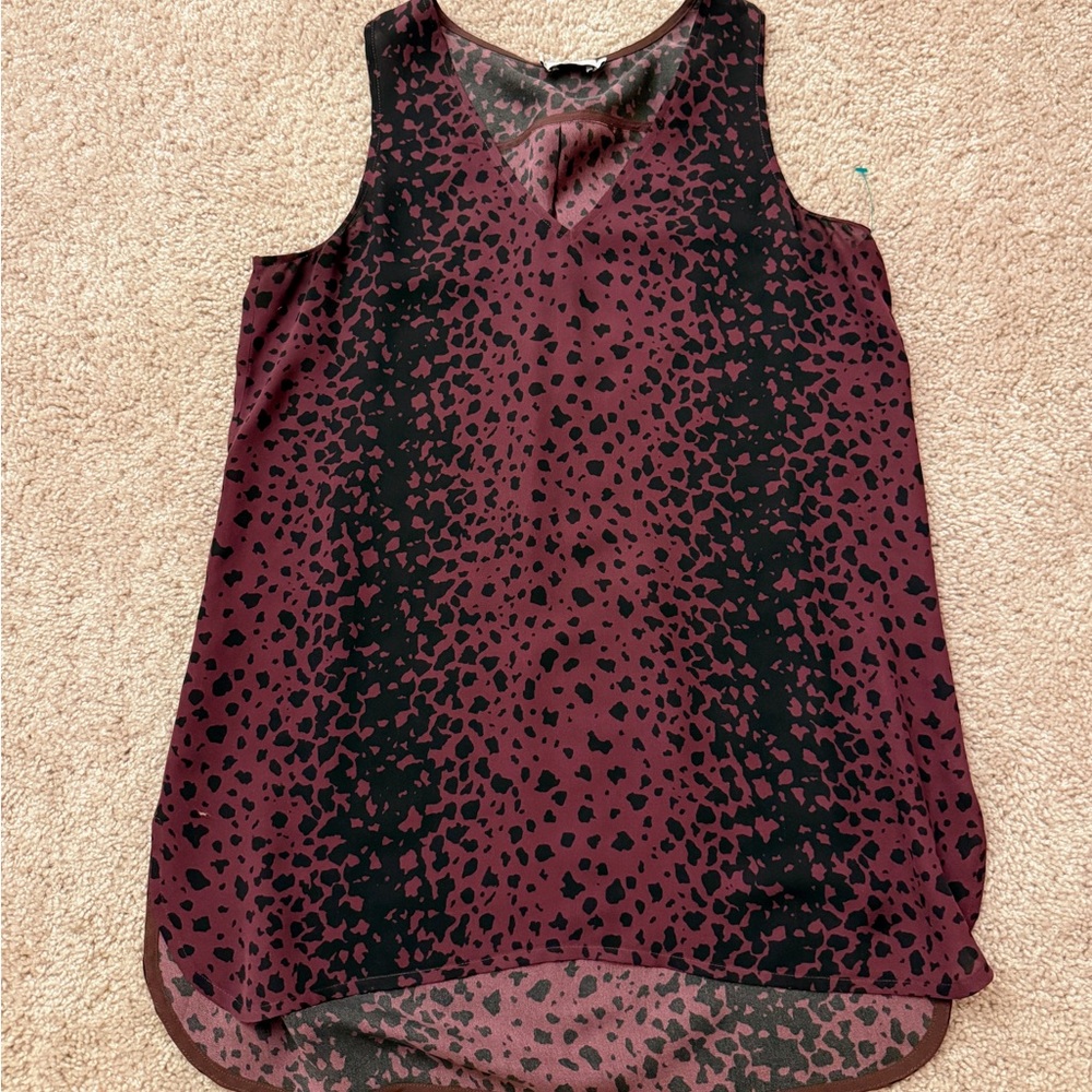 VINCE Sheer Animal Print Sleeveless Blouse Burgundy Black Size S